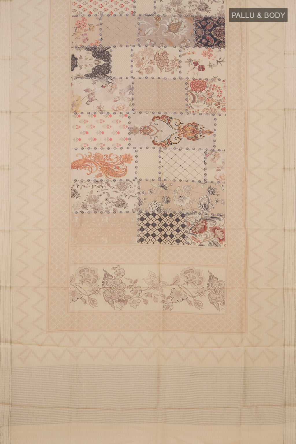 Flat view of Cream Tussar Silk Saree with Printed design on the body and Thin Zari Line. 