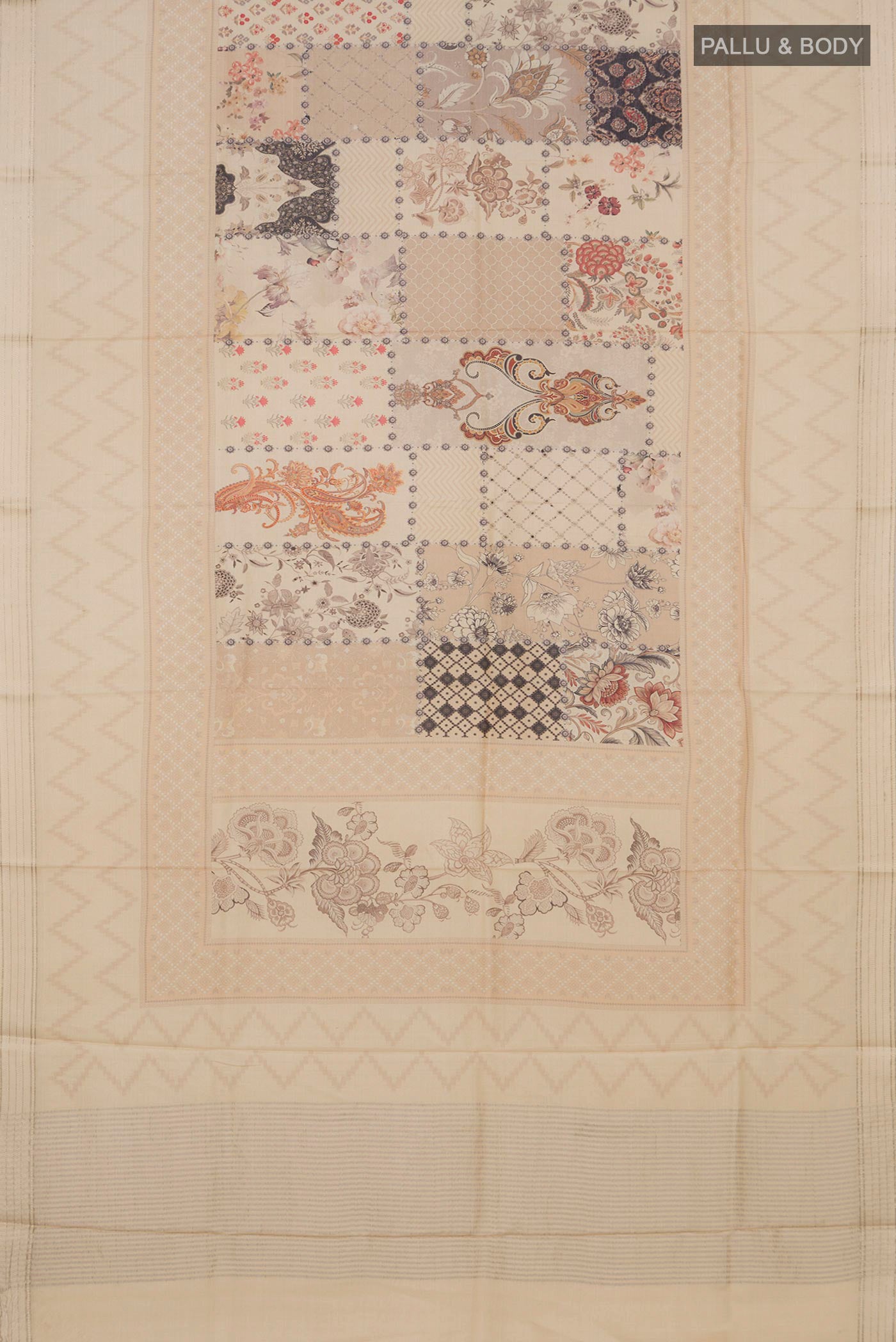Flat view of Cream Tussar Silk Saree with Printed design on the body and Thin Zari Line. 