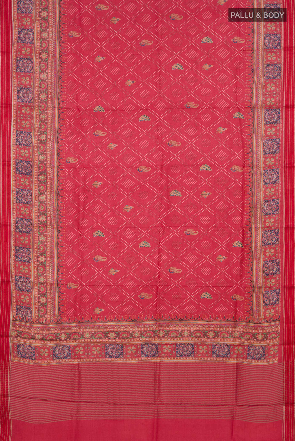 Flat view of Red Tussar Silk Saree with Printed design on the body and Printed Border. 