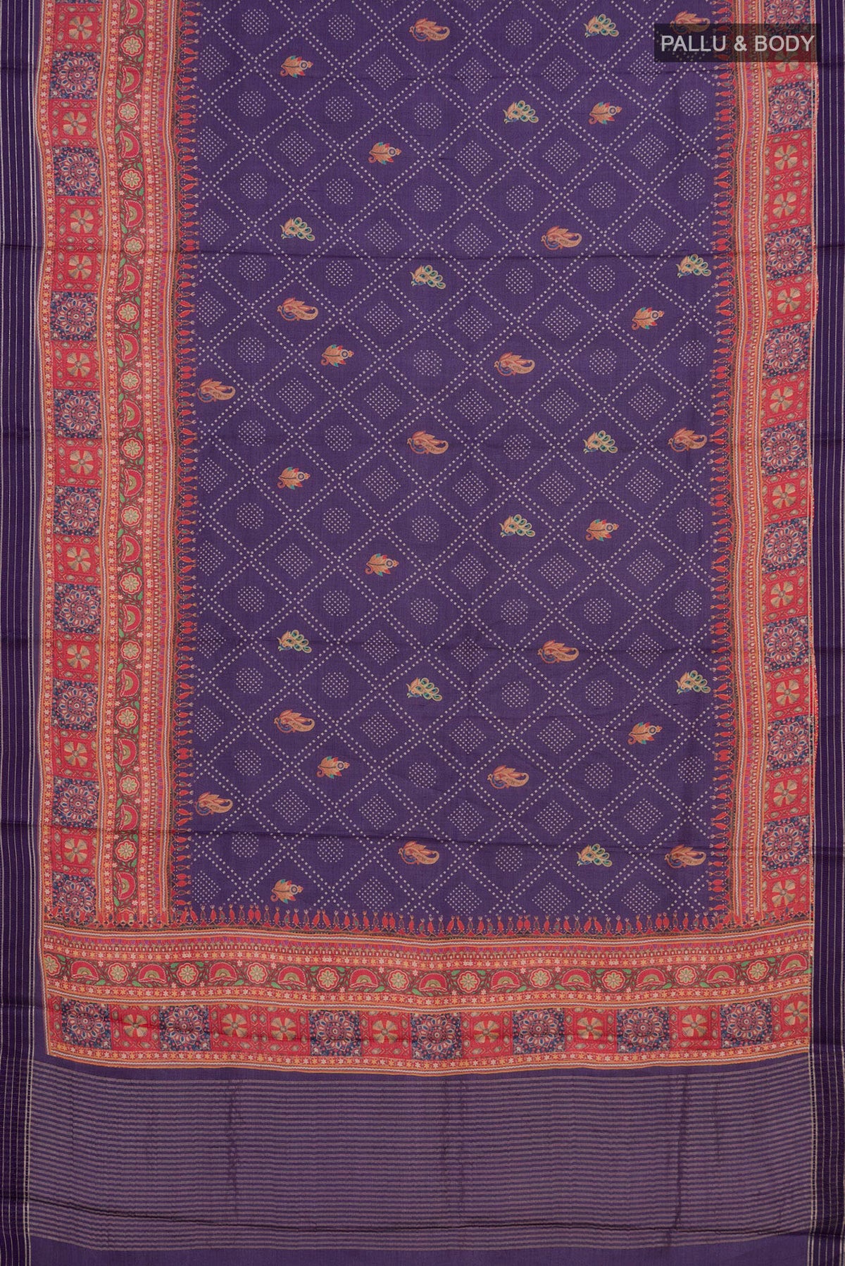 Flat view of Pure Silk Purple Tussar Saree with Bandhani Print on the body and Printed Border. 