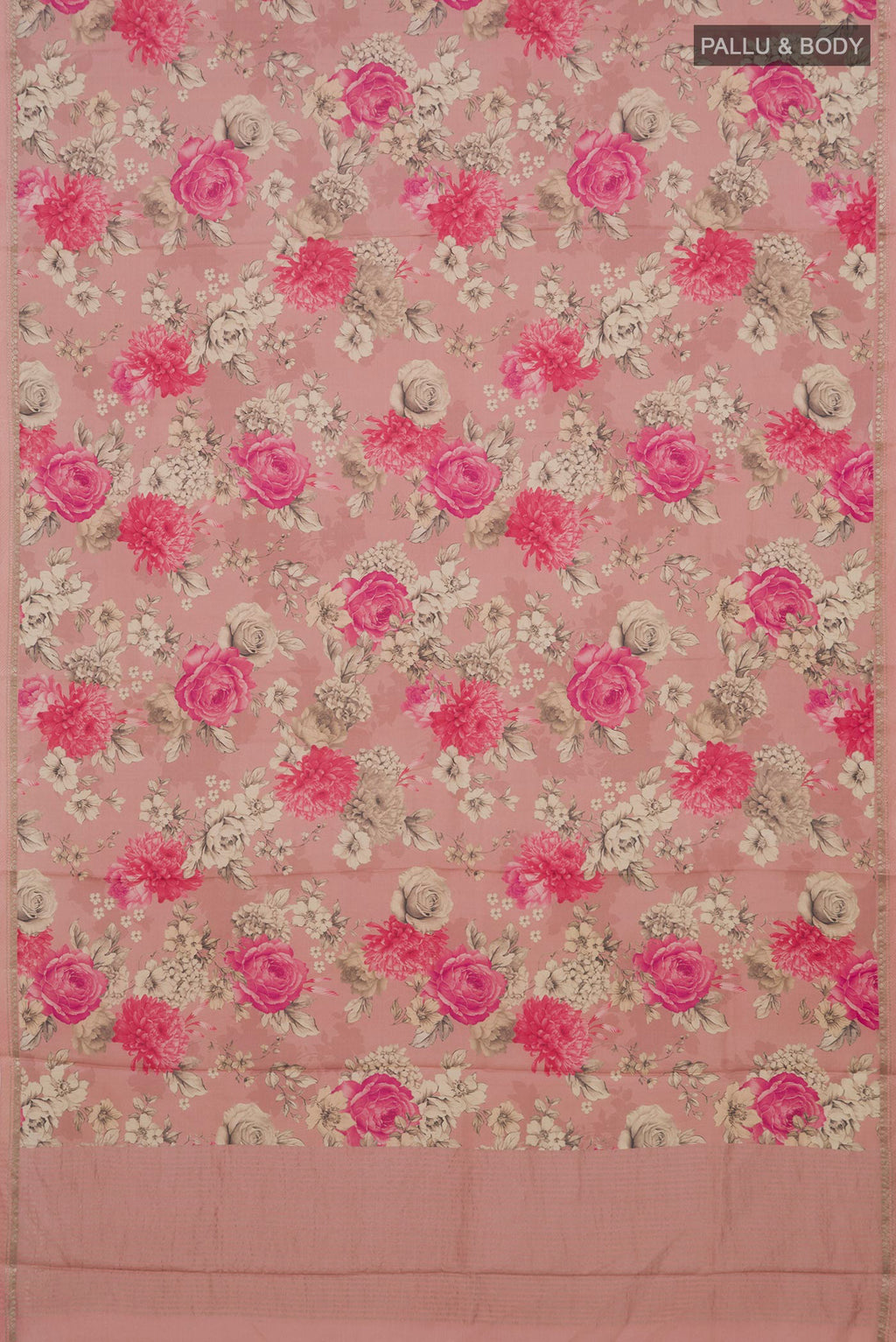Flat view of Peach Tussar Saree with Floral Print on the body and Zari Border. 