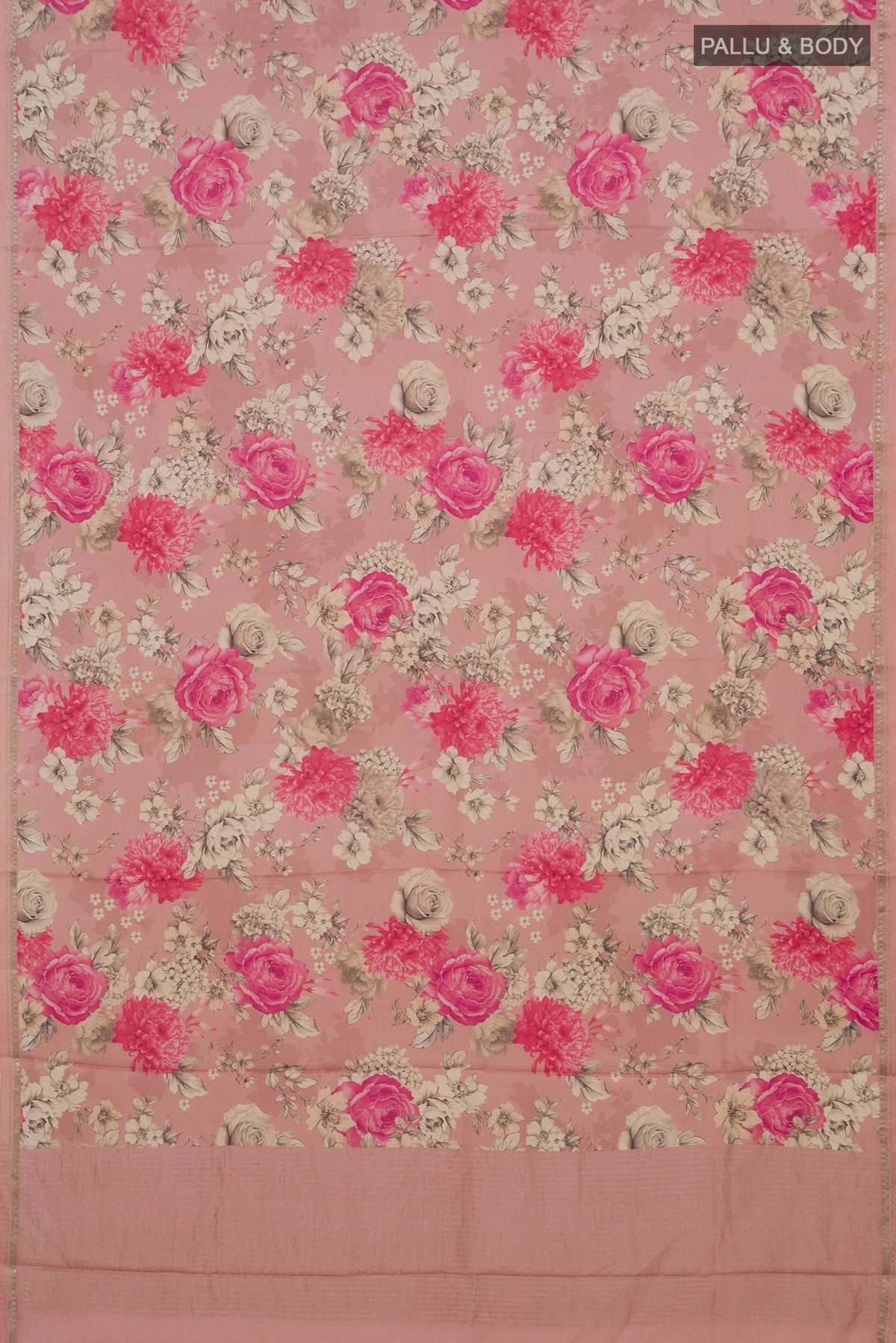 Flat view of Peach Tussar Saree with Floral Print on the body and Zari Border. 