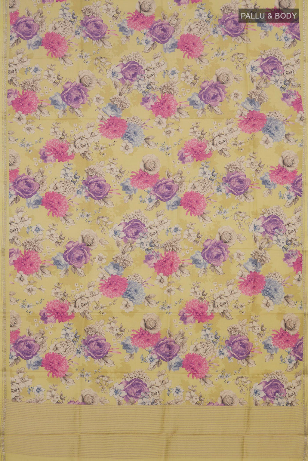 Flat view of Yellow Tussar Saree with Floral Print on the body and Thin Zari Line. 