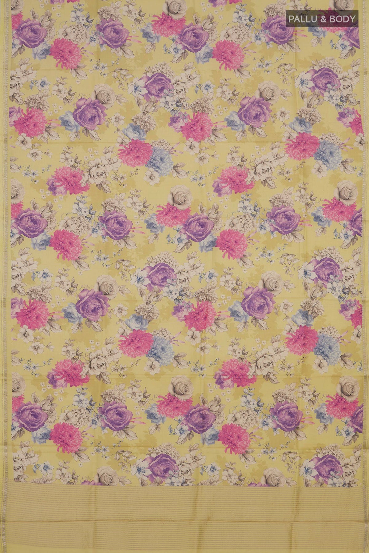 Flat view of Yellow Tussar Saree with Floral Print on the body and Thin Zari Line. 