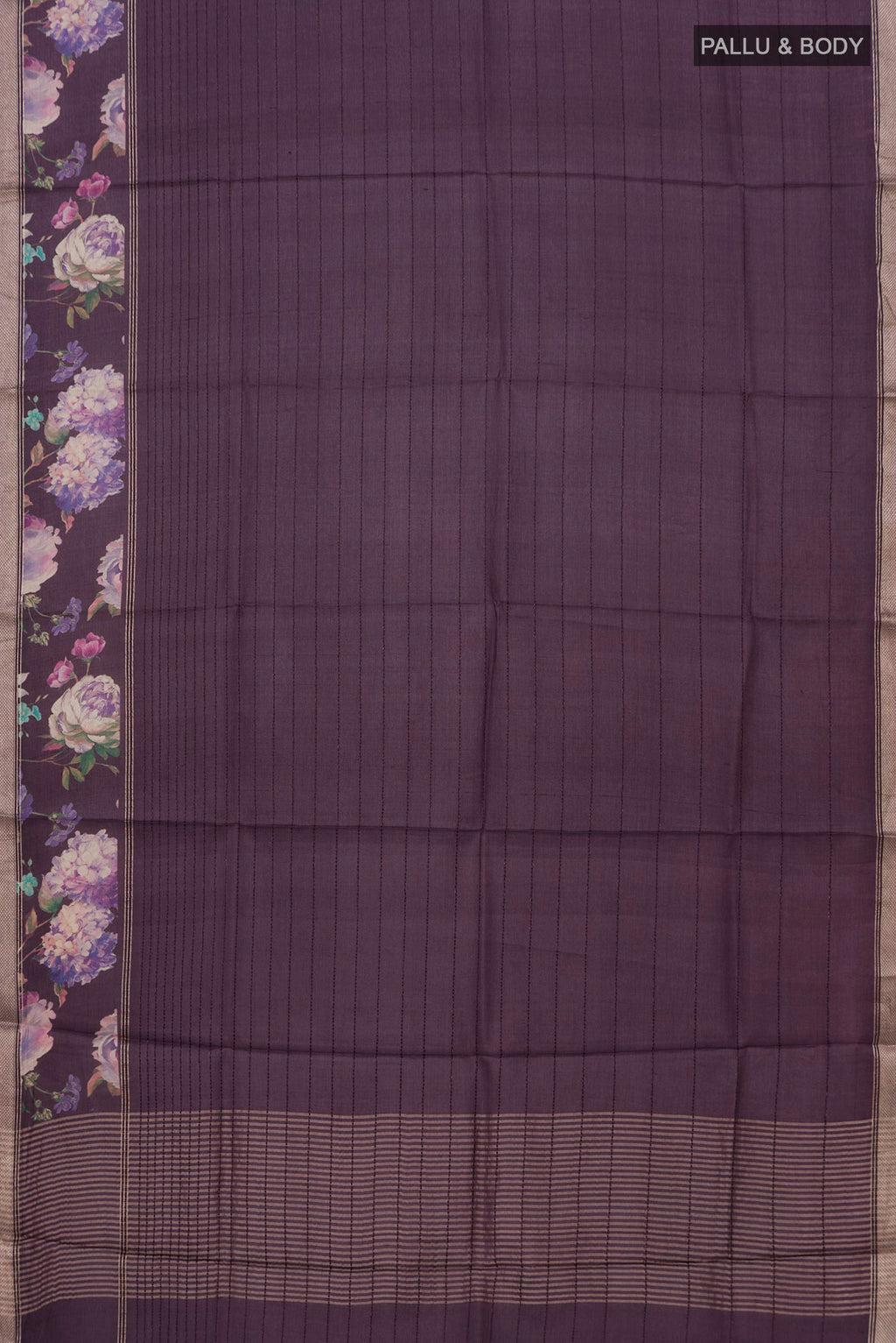 Flat view of Purple Tussar Silk Saree with Stripes on the body and Printed Border. 