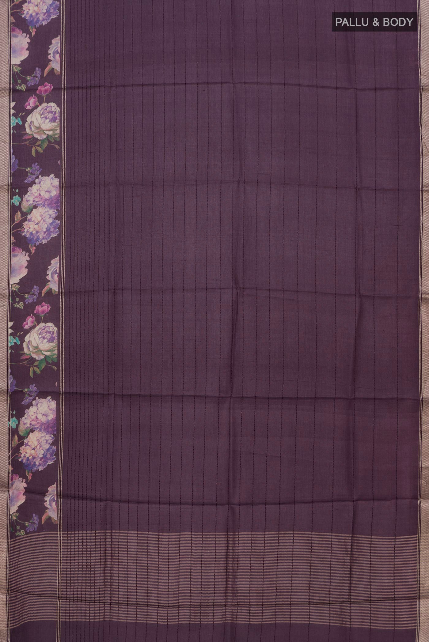 Flat view of Purple Tussar Silk Saree with Stripes on the body and Printed Border. 