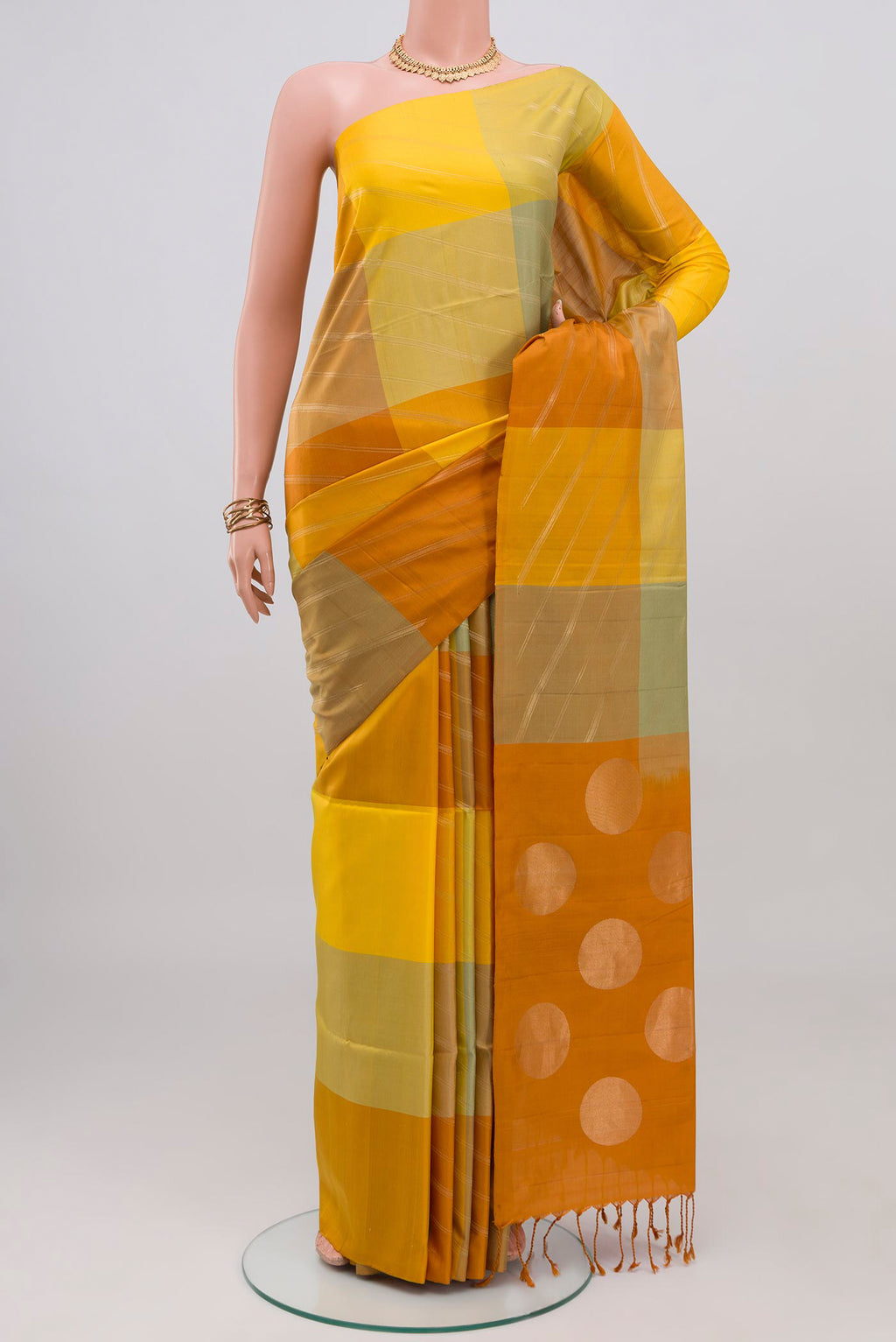 Multi Color Soft Silk Saree with Fancy on the body and Without Border.  displayed on a mannequin