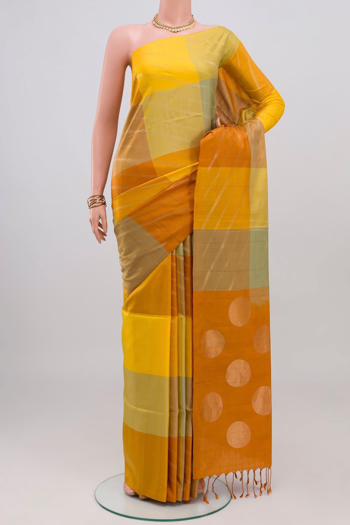 Multi Color Soft Silk Saree with Fancy on the body and Without Border.  displayed on a mannequin