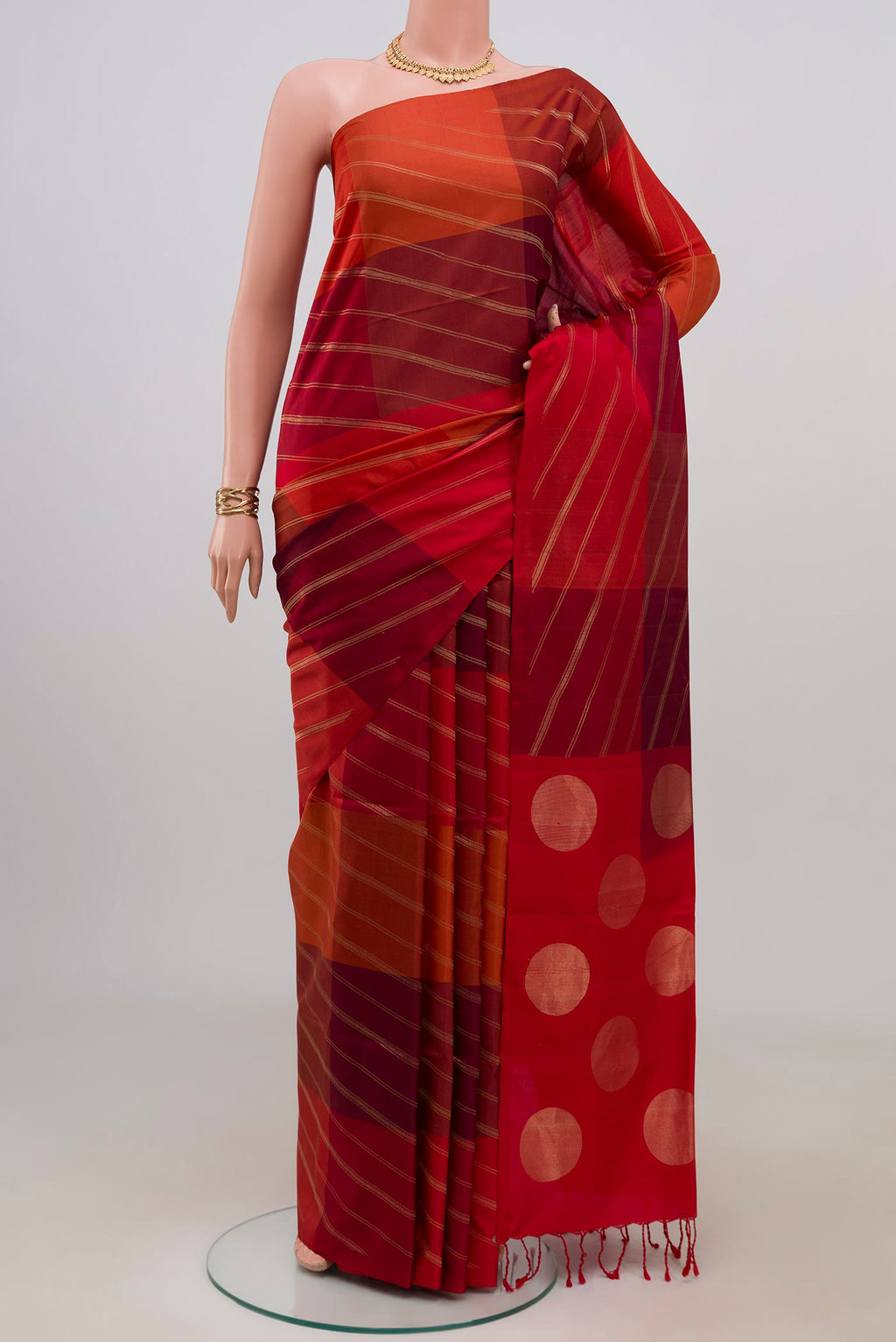 Multi Color Soft Silk Saree with Fancy on the body and Without Border.  displayed on a mannequin