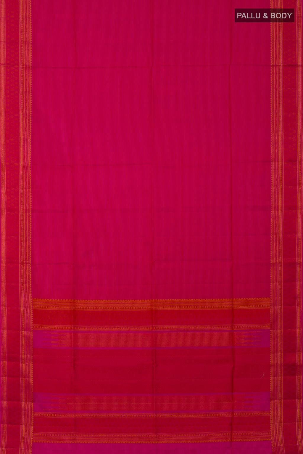 Flat view of Pink Soft Silk Saree with Plain Body and Thread Border. 