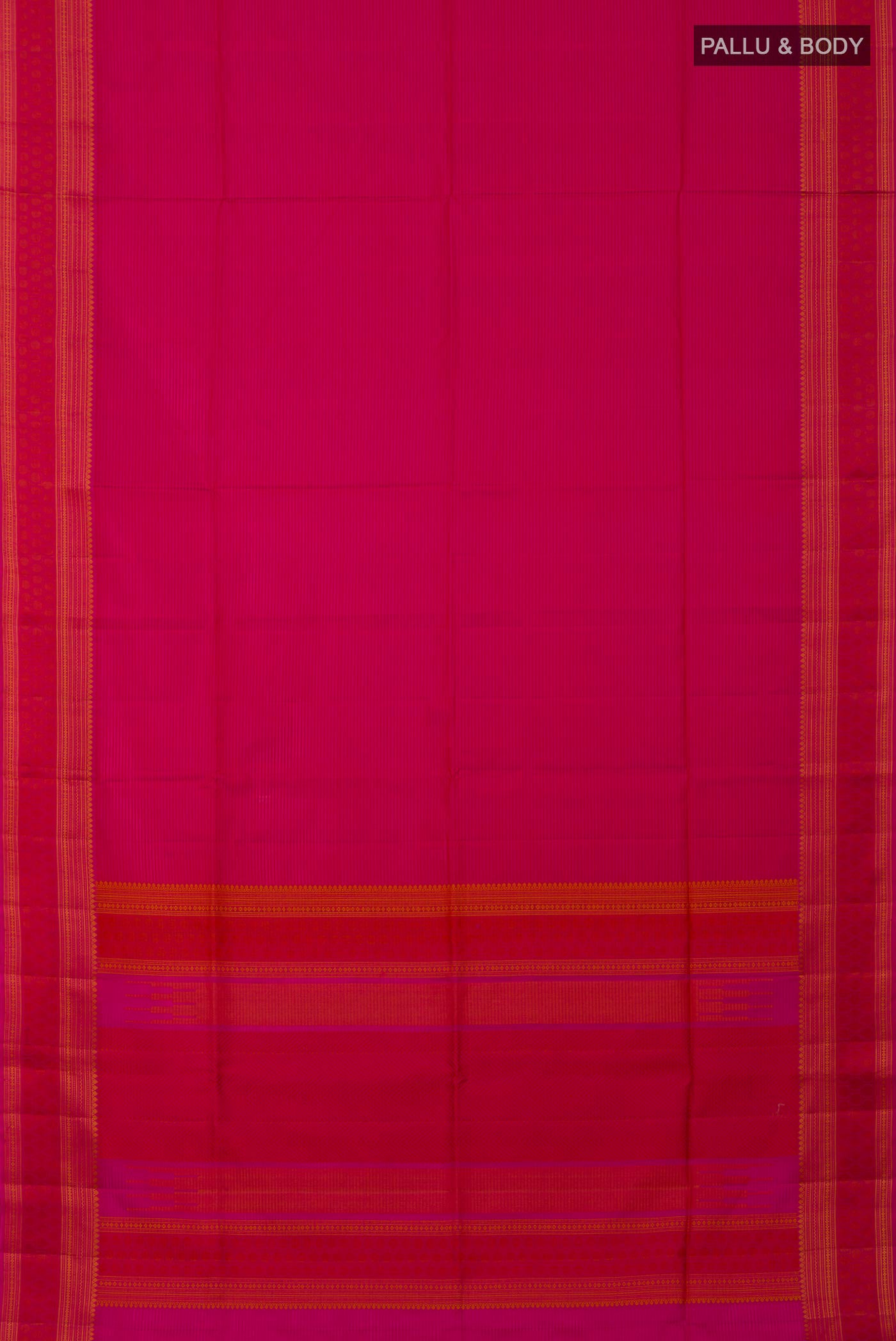 Flat view of Pink Soft Silk Saree with Plain Body and Thread Border. 