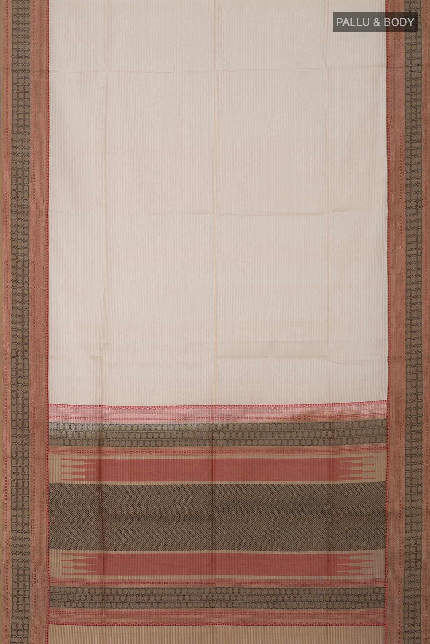 Flat view of Off White Soft Silk Saree with Plain Body and Thread Border. 
