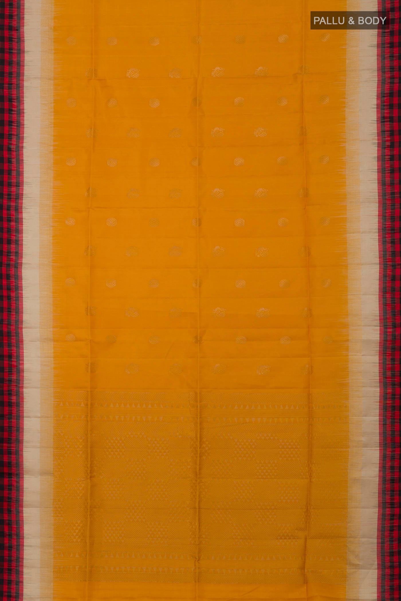 Flat view of Yellow Soft Silk Saree with Zari Butta on the body and Fancy Border. 