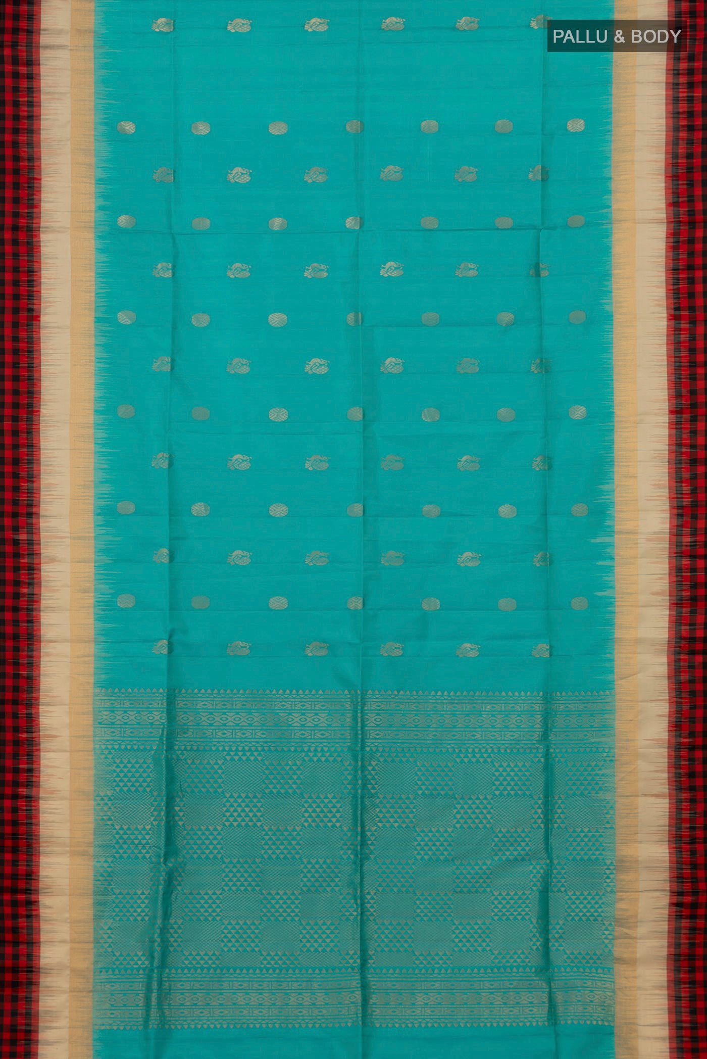 Flat view of Blue Soft Silk Saree with Zari Butta on the body and Thin Zari Line. 