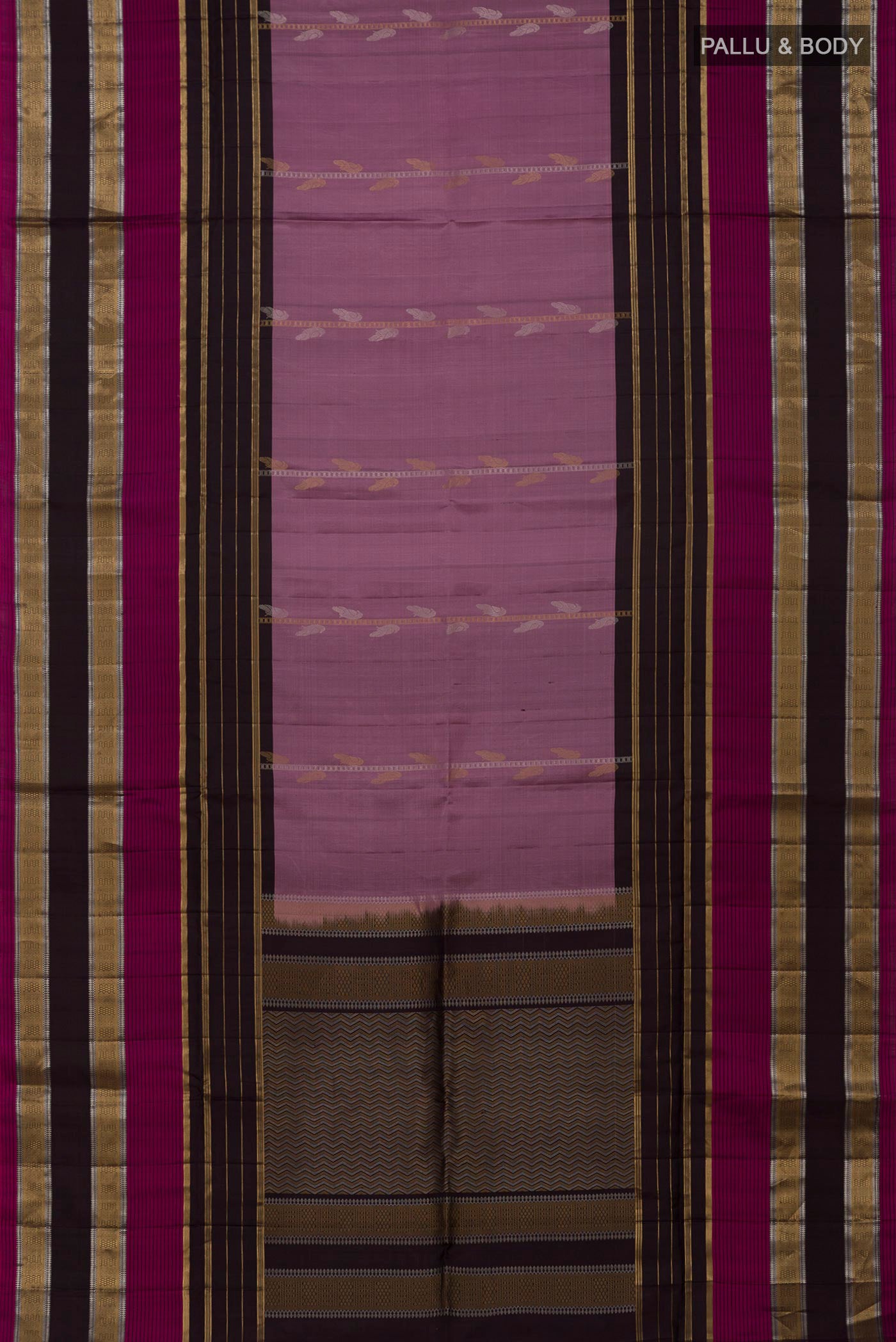 Flat view of Lavender Soft Silk Saree with Fancy on the body and Fancy Border. 