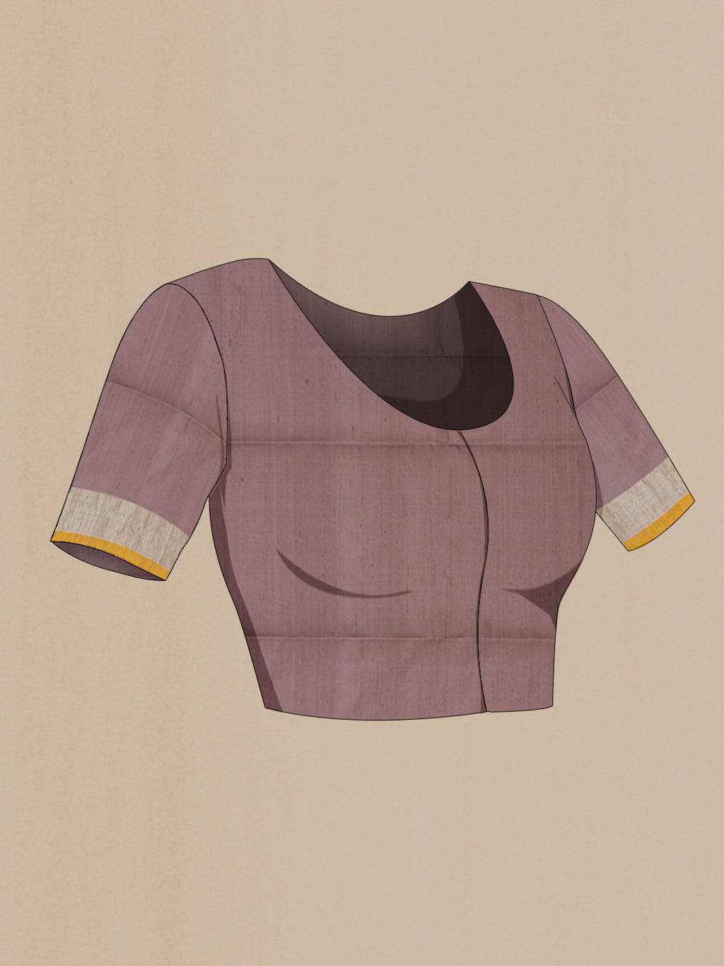 Close up image of the blouse of Lavender Soft Silk Saree with Zari Butta on the body and Zari Border. 
