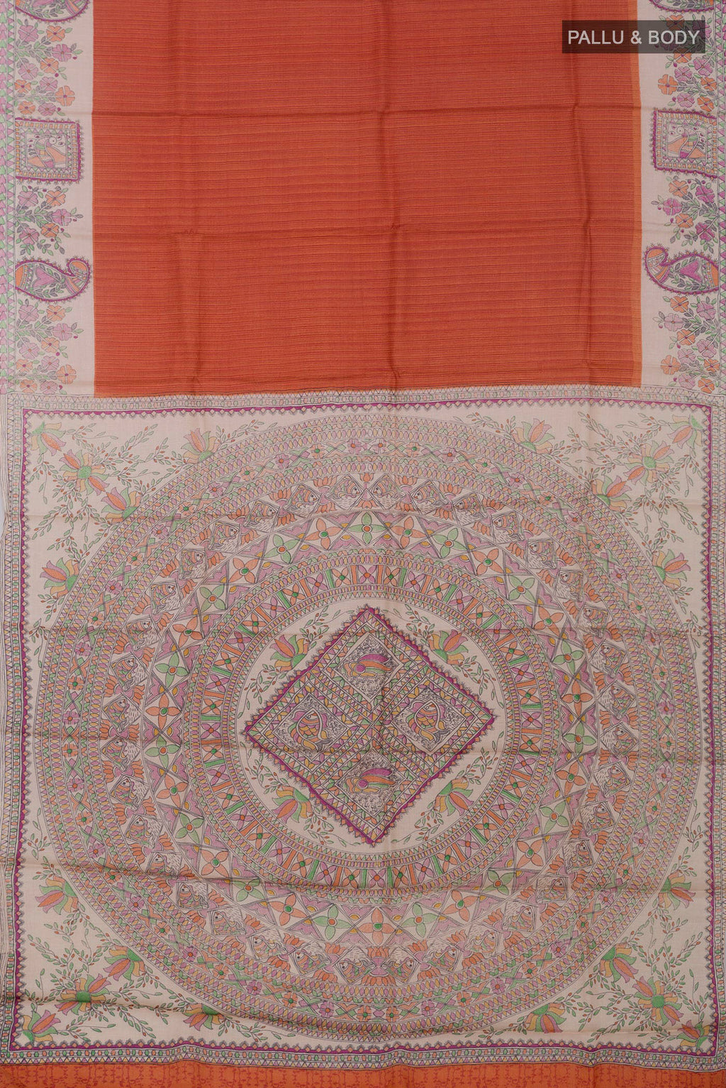 Flat view of Orange Printed Silk Saree with Printed design on the body and Printed Border. 