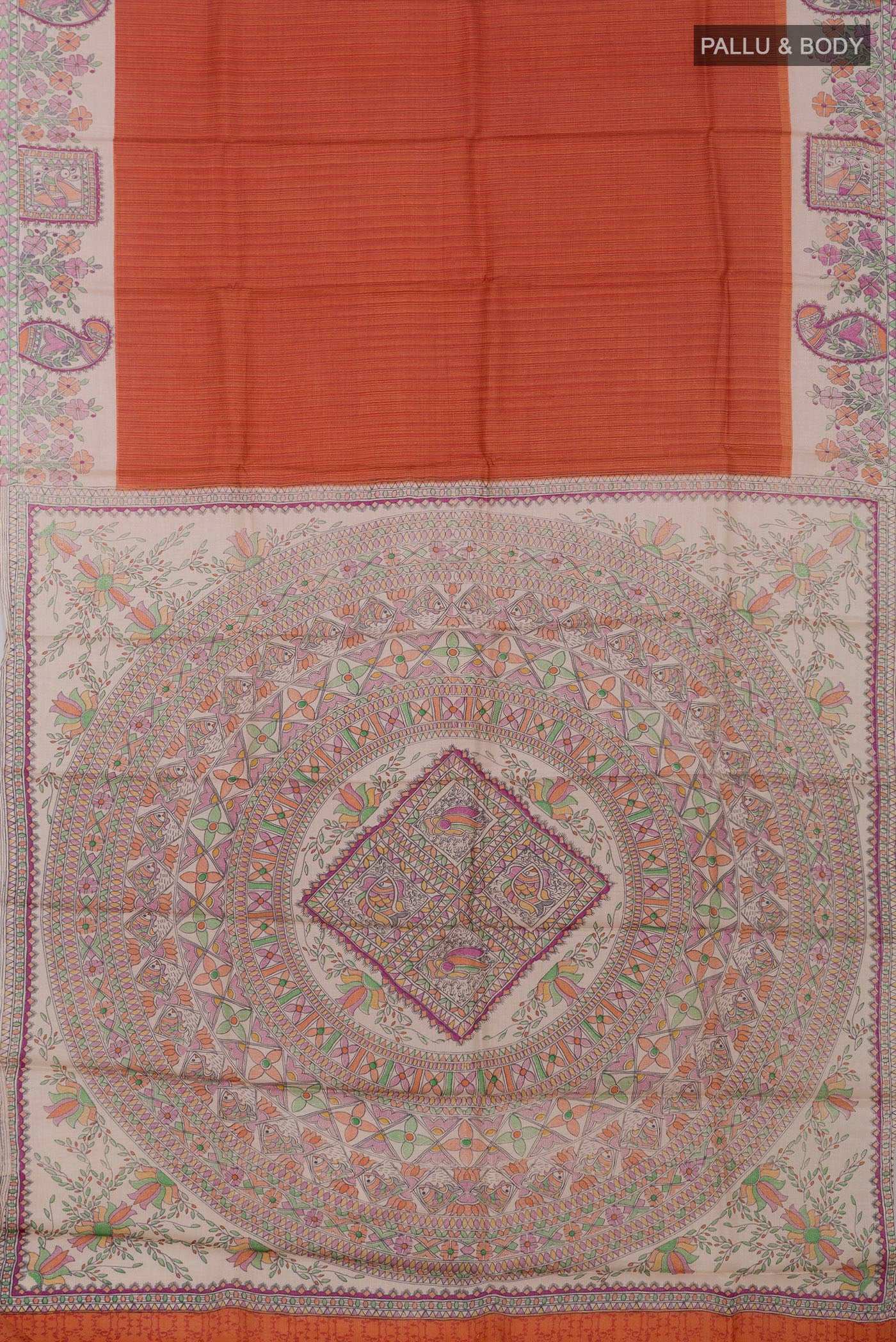 Flat view of Orange Printed Silk Saree with Printed design on the body and Printed Border. 