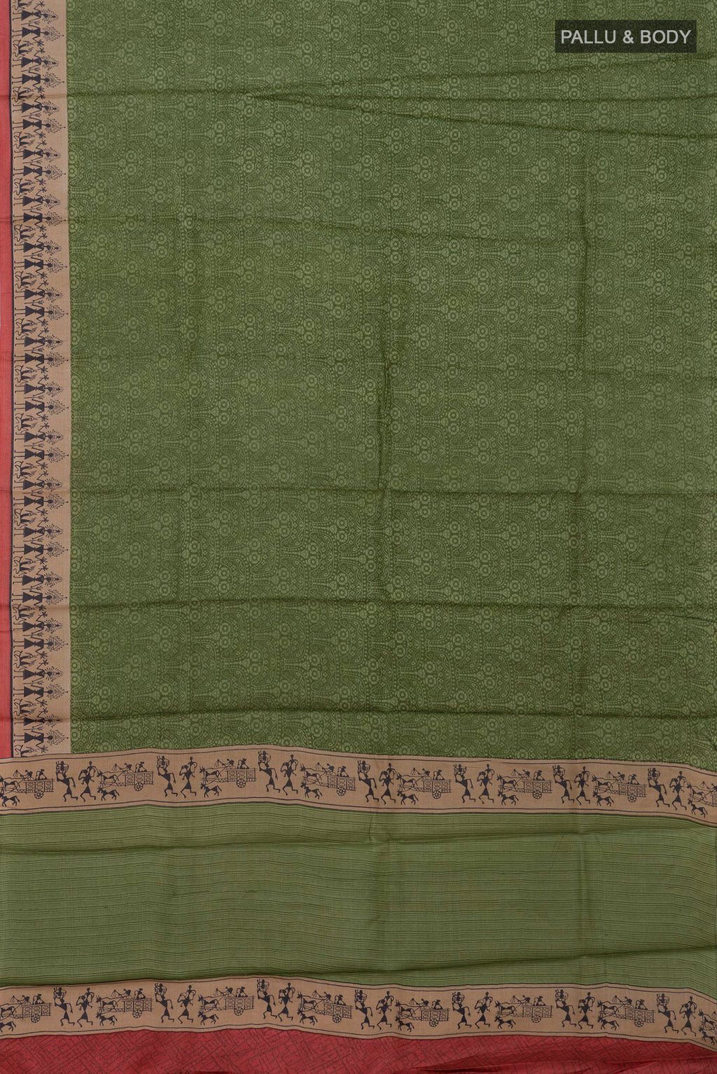 Flat view of Green Printed Silk Saree with Printed design on the body and Printed Border. 