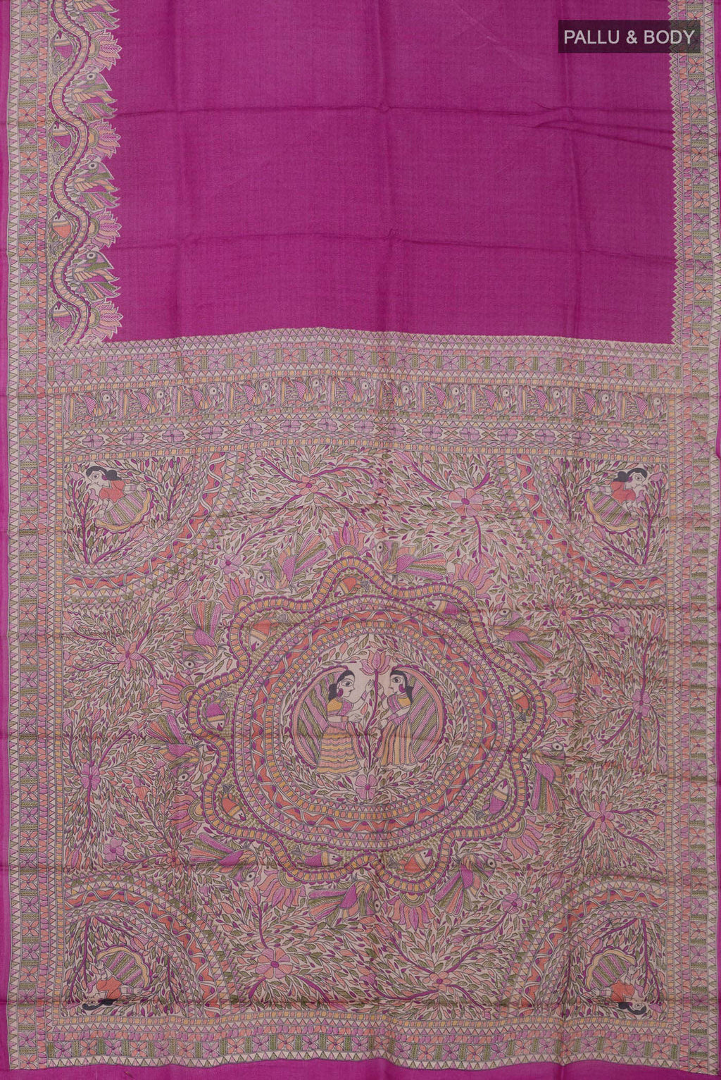 Flat view of Pink Printed Silk Saree with Printed design on the body and Printed Border. 