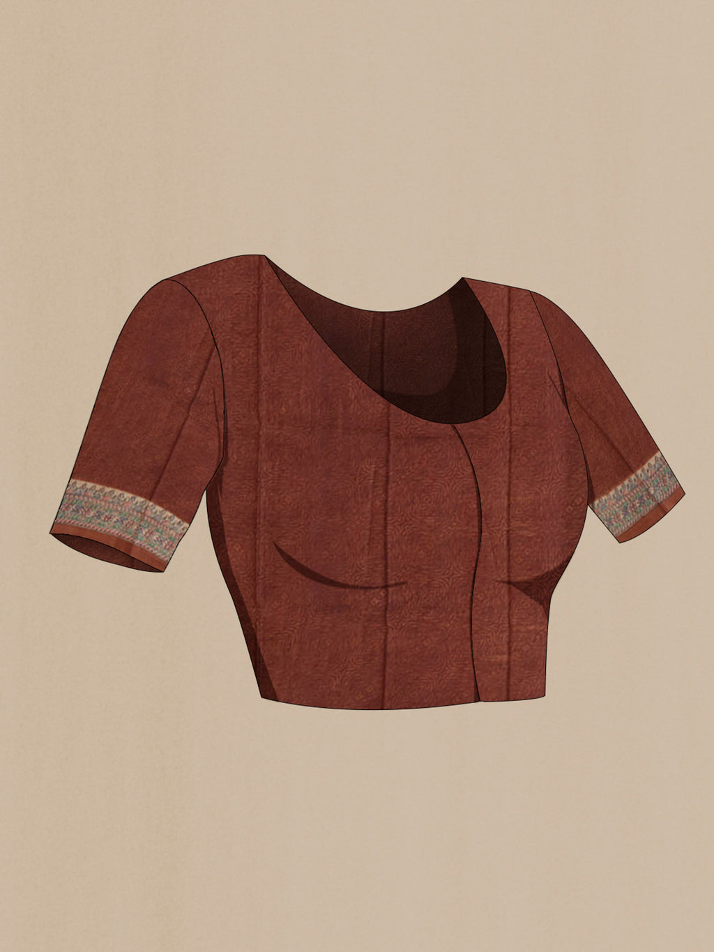 Close up image of the blouse of Brown Printed Silk Saree with Printed design on the body and Printed Border. 