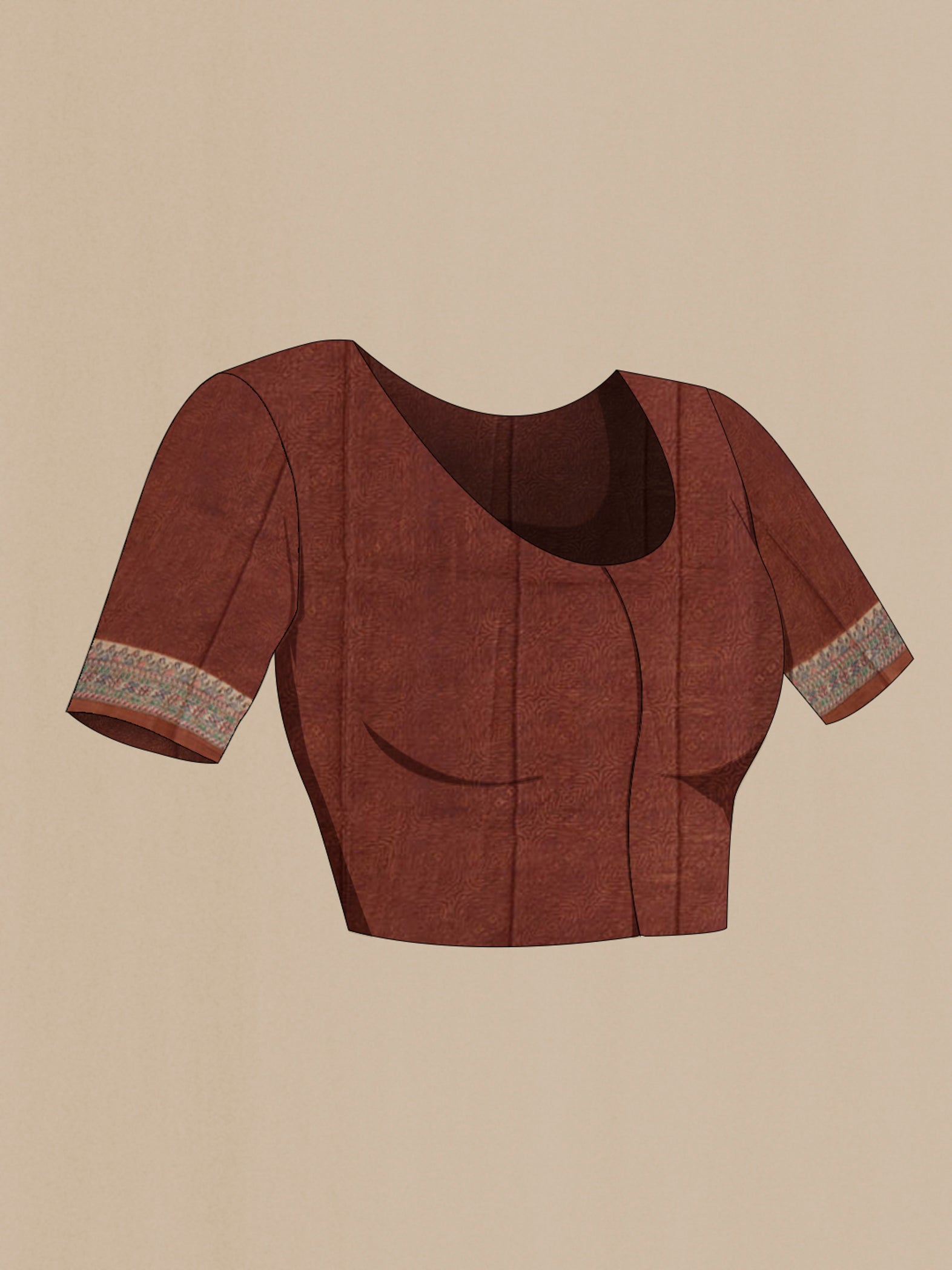 Close up image of the blouse of Brown Printed Silk Saree with Printed design on the body and Printed Border. 