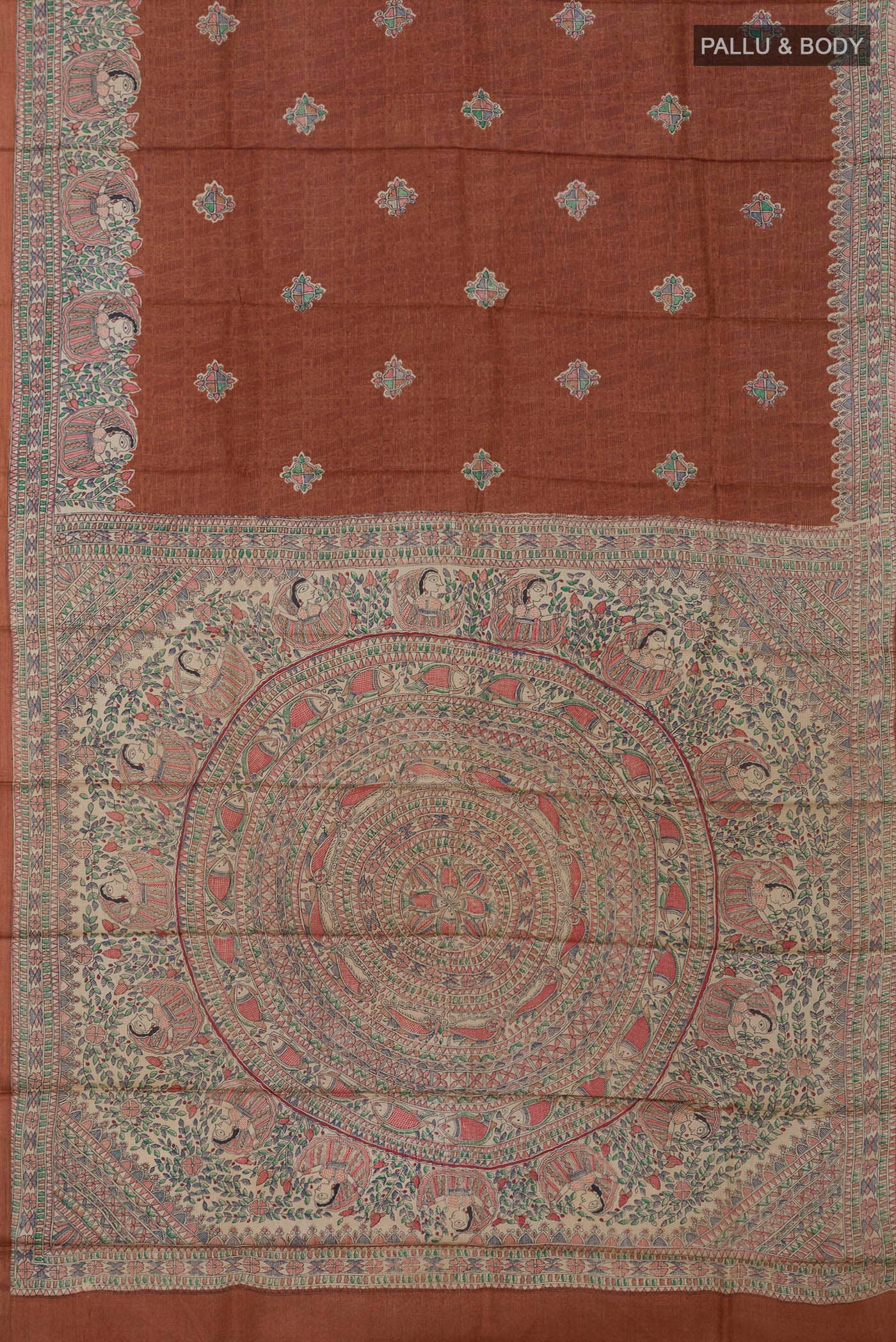 Flat view of Brown Printed Silk Saree with Printed design on the body and Printed Border. 