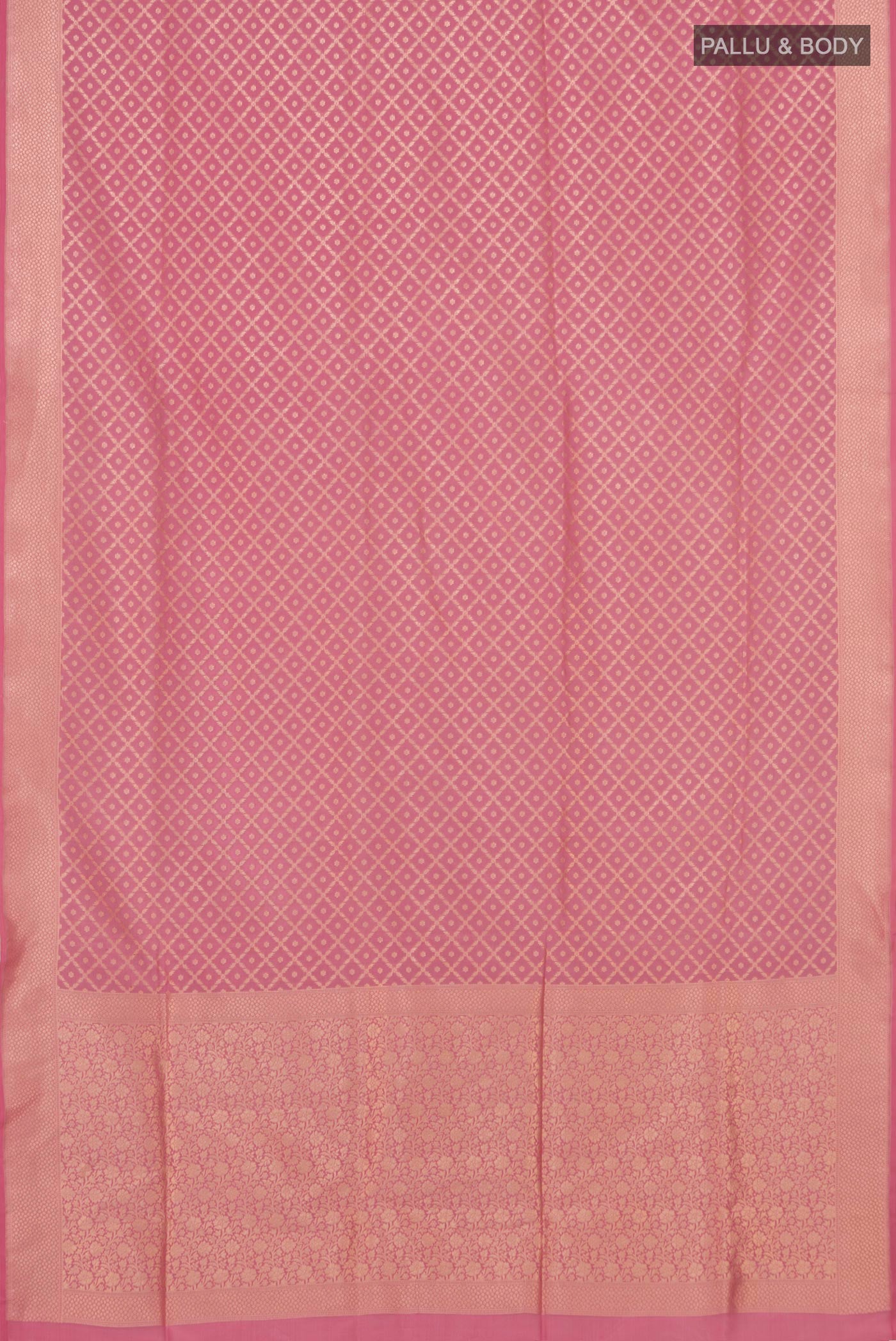 Flat view of Pink Banarasi Saree with Fancy on the body and Fancy Border. 