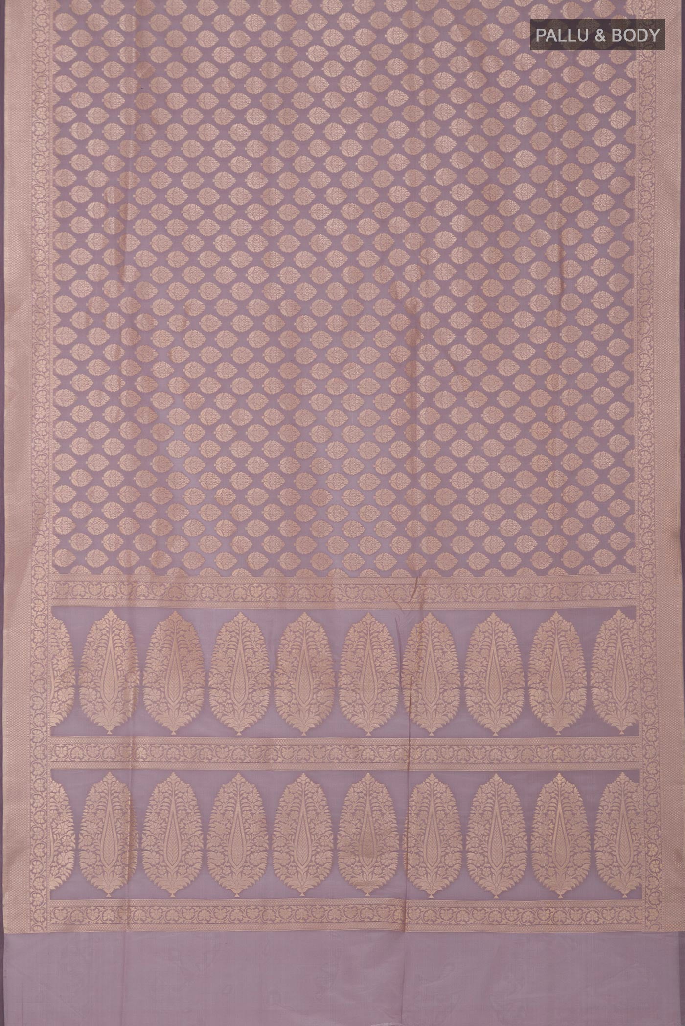 Flat view of Lavender Banarasi Silk Saree with Zari Brocade on the body and Zari Border. 