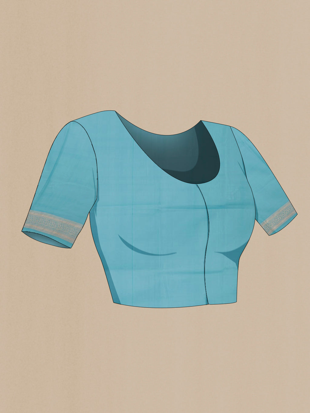 Close up image of the blouse of Light Blue Banarasi Silk Saree with Zari Butta on the body and Zari Border. 