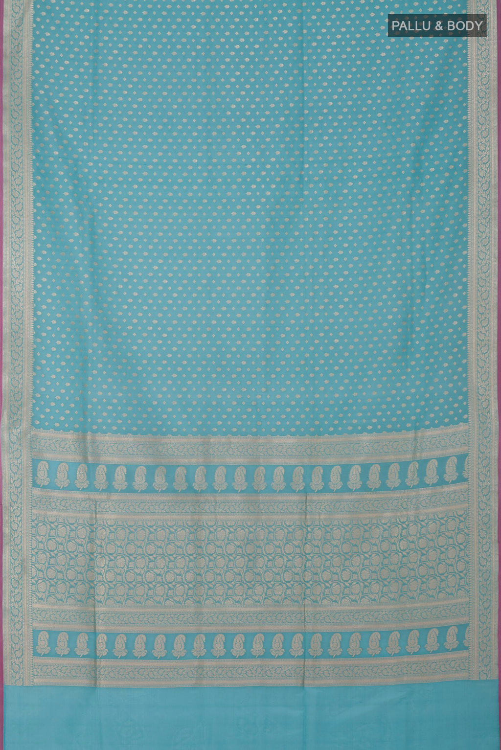 Flat view of Light Blue Banarasi Silk Saree with Zari Butta on the body and Zari Border. 