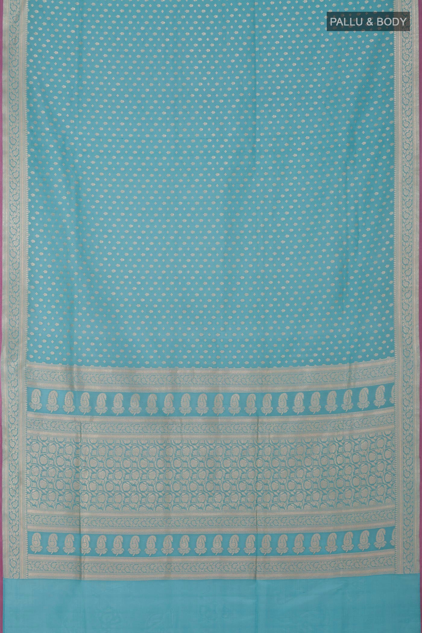 Flat view of Light Blue Banarasi Silk Saree with Zari Butta on the body and Zari Border. 