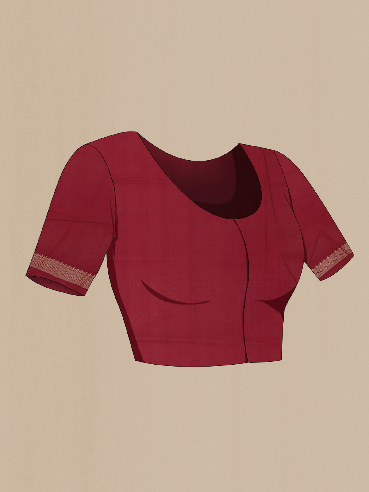 Close up image of the blouse of Maroon Banarasi Saree with Zari Butta on the body and Fancy Border. 