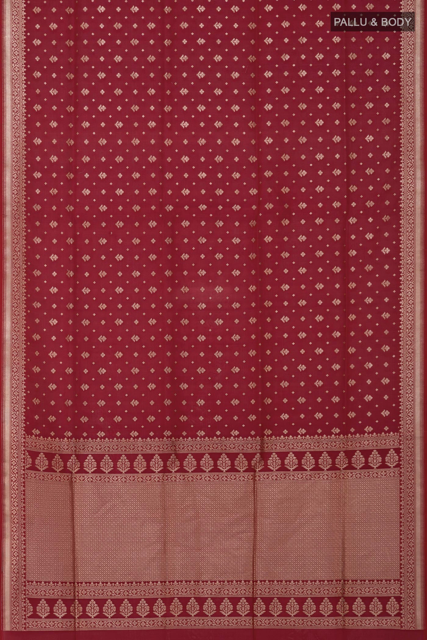 Flat view of Maroon Banarasi Saree with Zari Butta on the body and Fancy Border. 