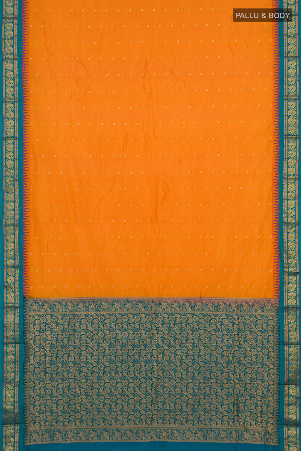 Flat view of Orange Blended Bangalore Silk Saree with Zari Butta on the body and Zari Border. 