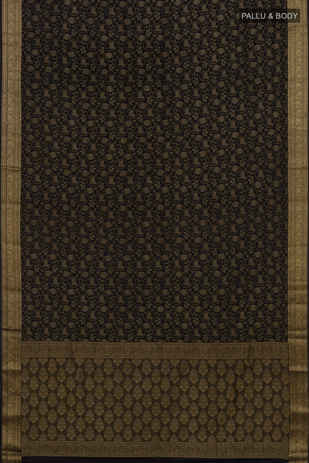 Flat view of Black Mysore Crepe Saree with Zari Brocade on the body and Fancy Border. 