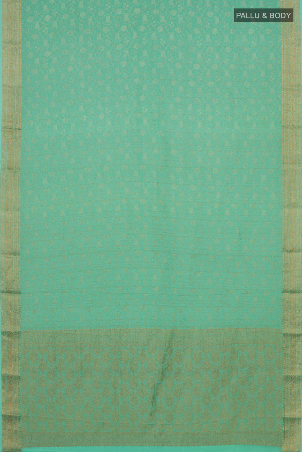 Flat view of Sea Green Mysore Crepe Saree with Zari Brocade on the body and Zari Border. 