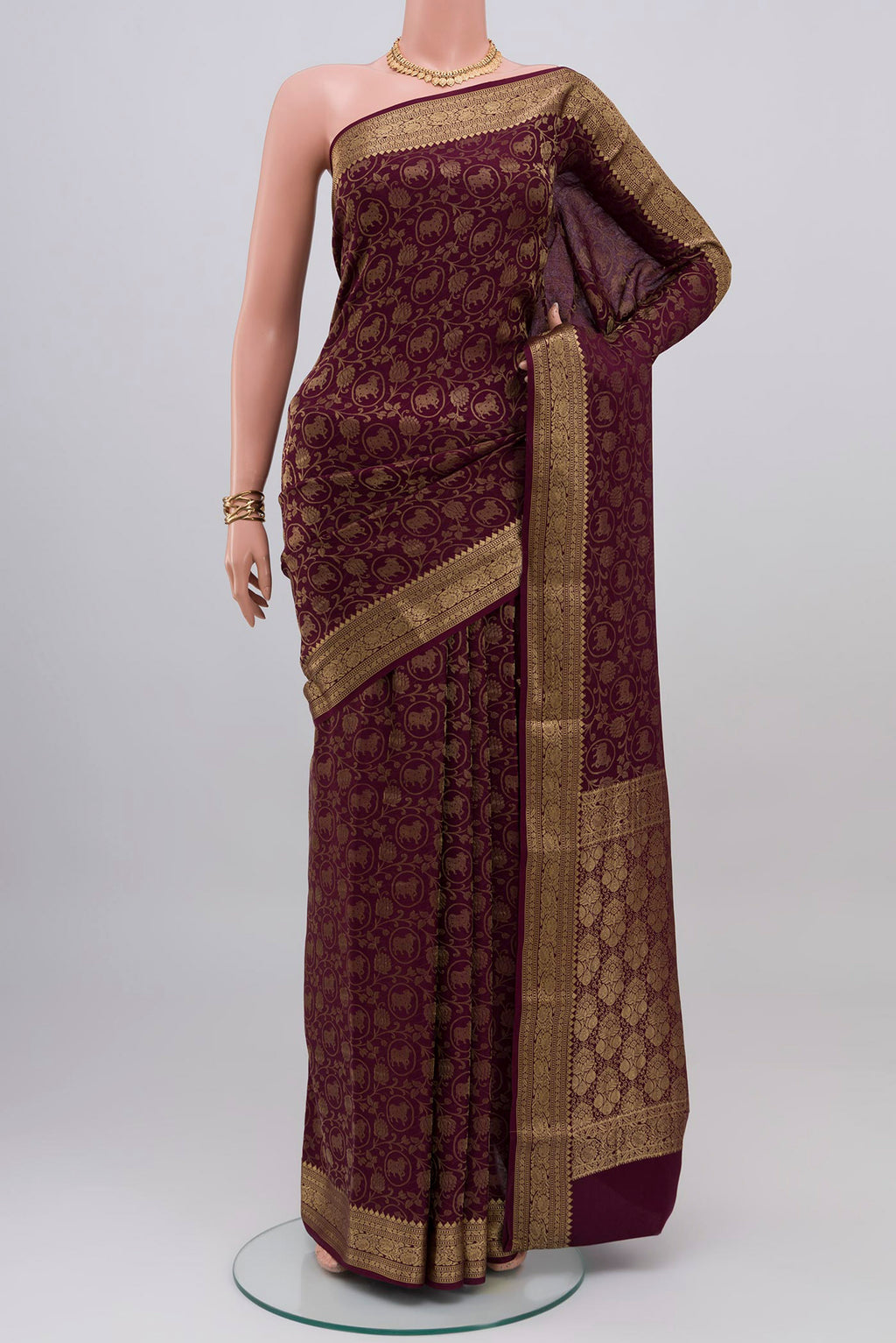 Purple Mysore Crepe Saree with Zari Brocade on the body and Zari Border.  displayed on a mannequin