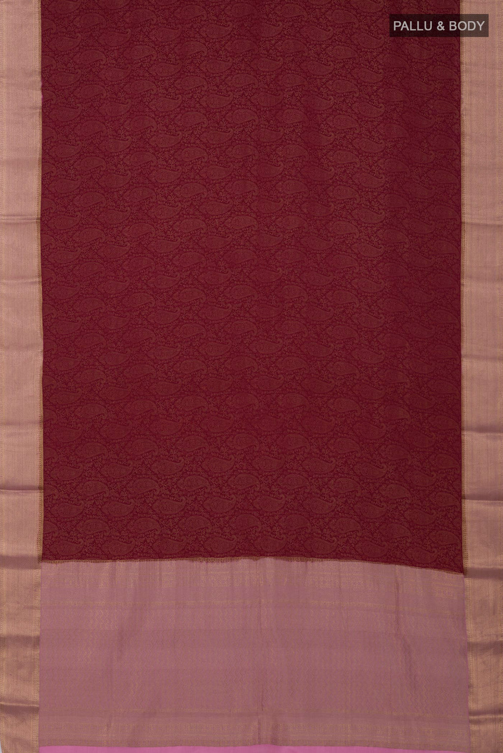 Flat view of Maroon Crepe Saree with Fancy on the body and Zari Border. 