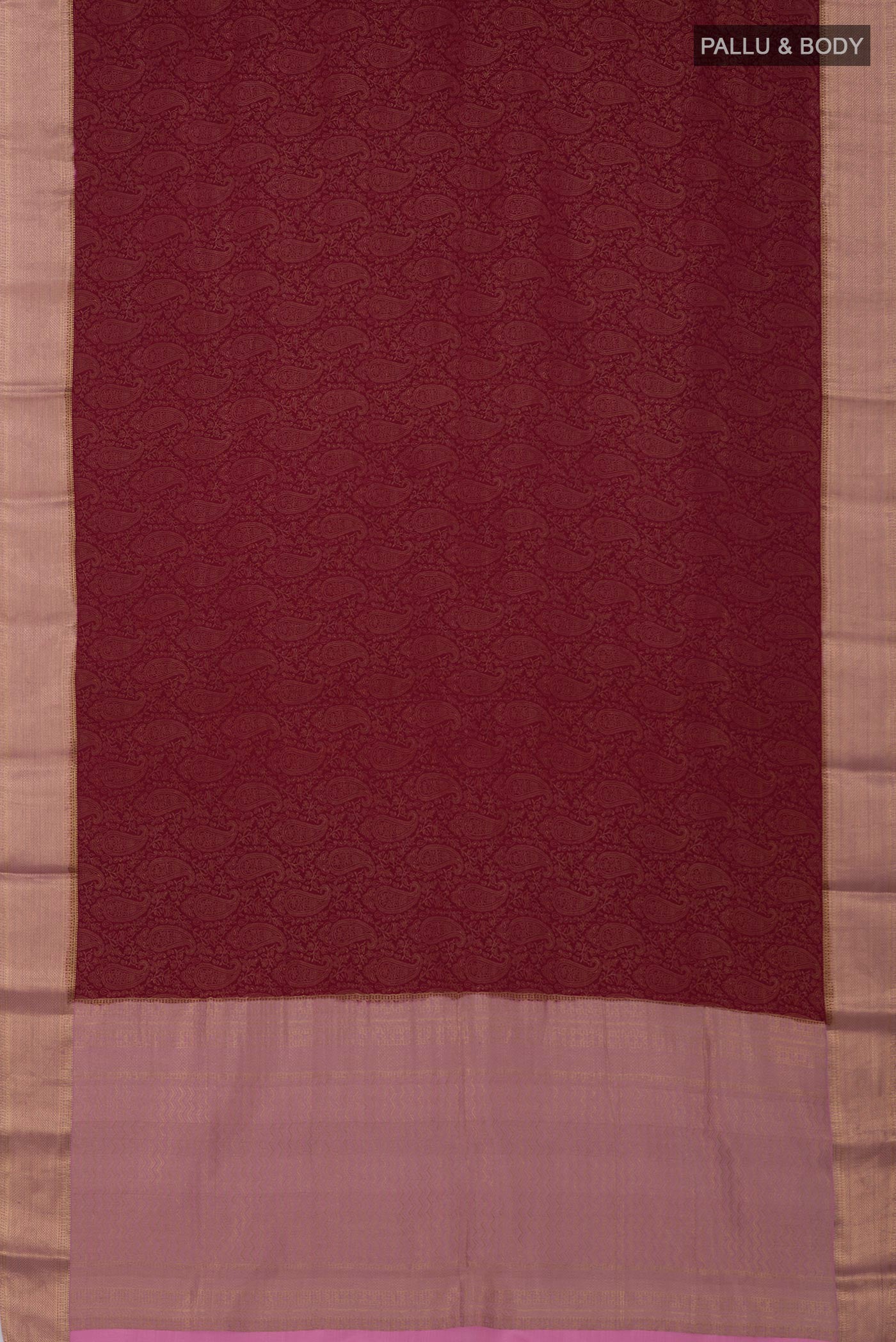 Flat view of Maroon Crepe Saree with Fancy on the body and Zari Border. 