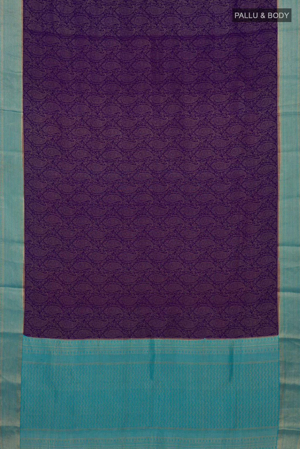 Flat view of Navy Blue Mysore Crepe Saree with Zari Brocade on the body and Zari Border. 