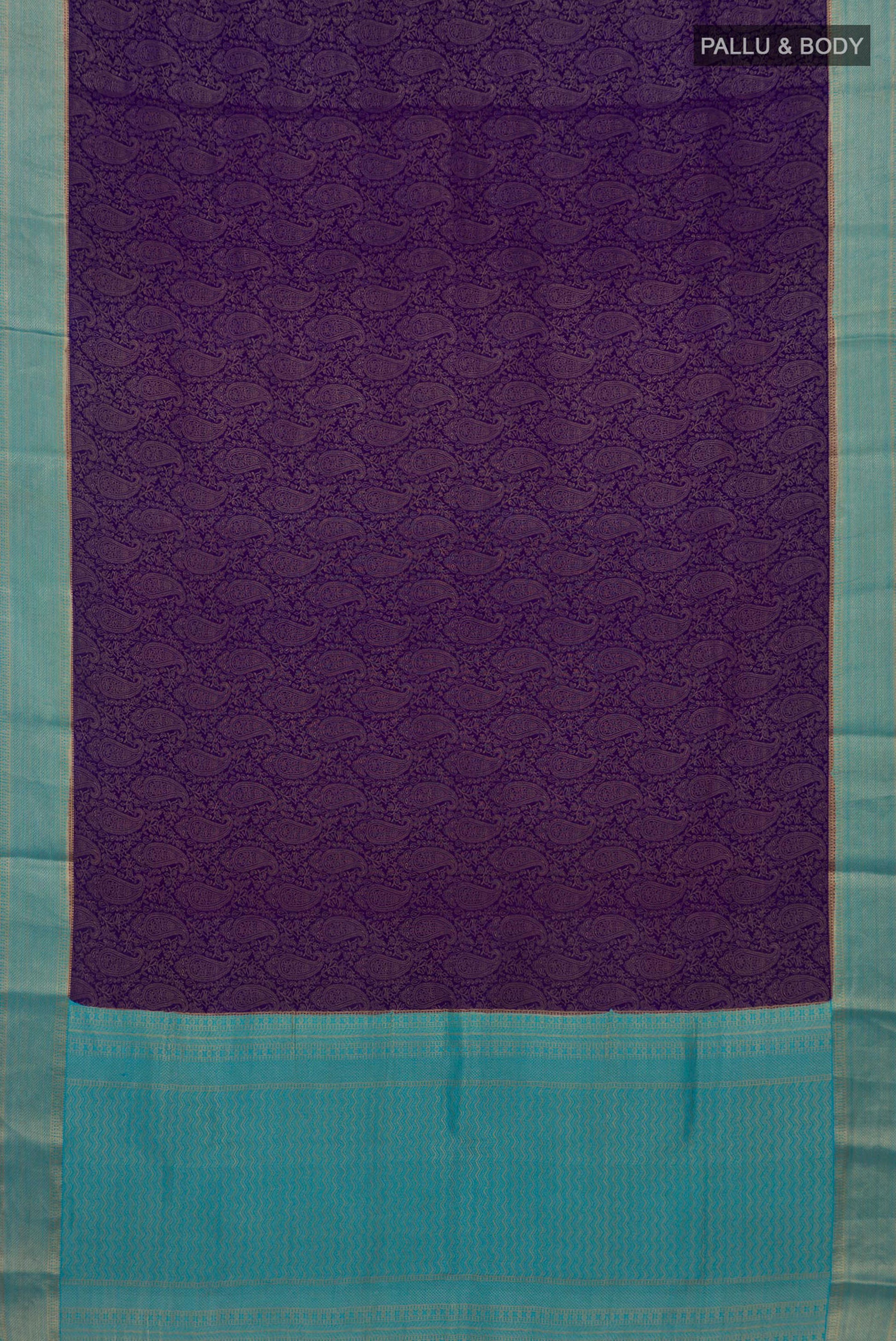 Flat view of Navy Blue Mysore Crepe Saree with Zari Brocade on the body and Zari Border. 