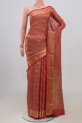 Red Mysore Crepe Saree with Zari Brocade on the body and Zari Border.  displayed on a mannequin