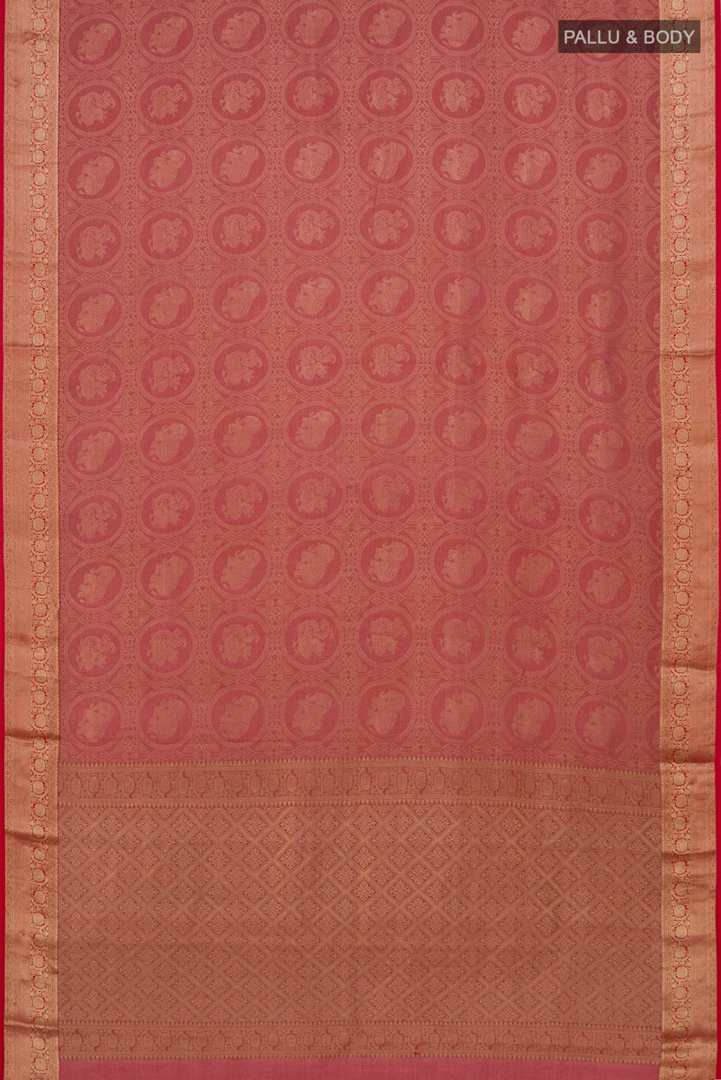 Flat view of Red Mysore Crepe Saree with Zari Brocade on the body and Zari Border. 