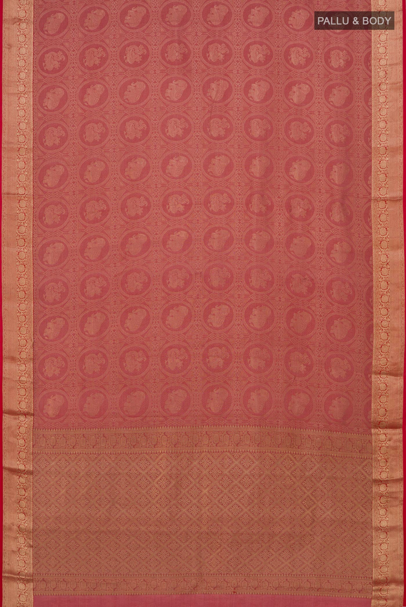 Flat view of Red Mysore Crepe Saree with Zari Brocade on the body and Zari Border. 