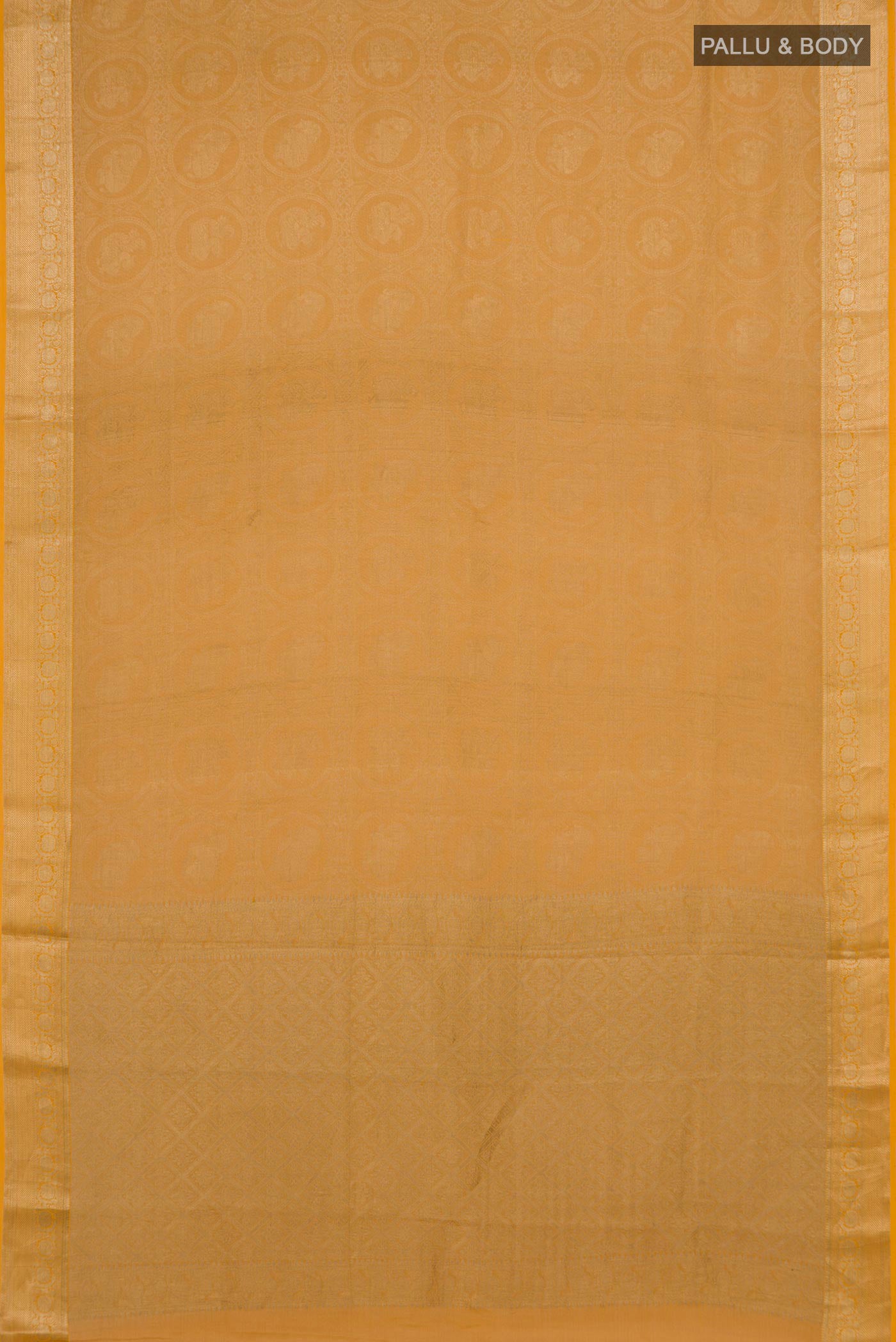 Flat view of Yellow Mysore Crepe Saree with Zari Brocade on the body and Zari Border. 