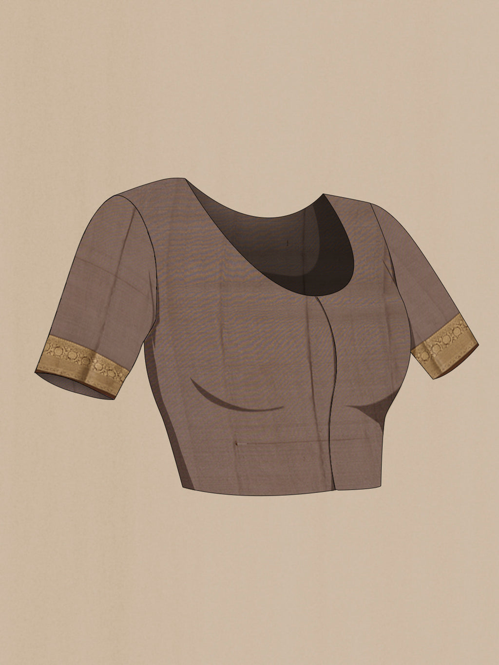 Close up image of the blouse of Brown Mysore Crepe Saree with Zari Brocade on the body and Zari Border. 