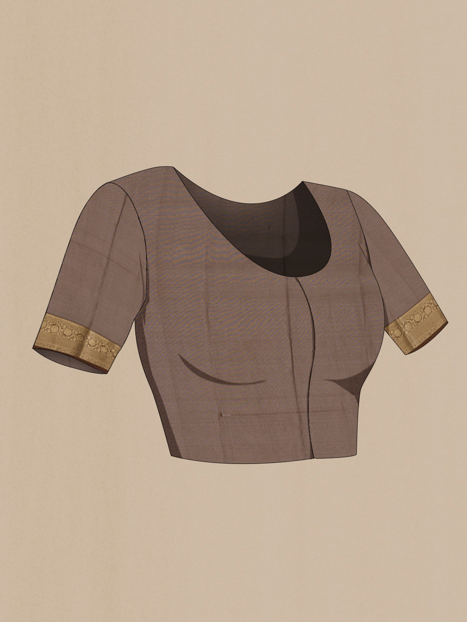 Close up image of the blouse of Brown Mysore Crepe Saree with Zari Brocade on the body and Zari Border. 