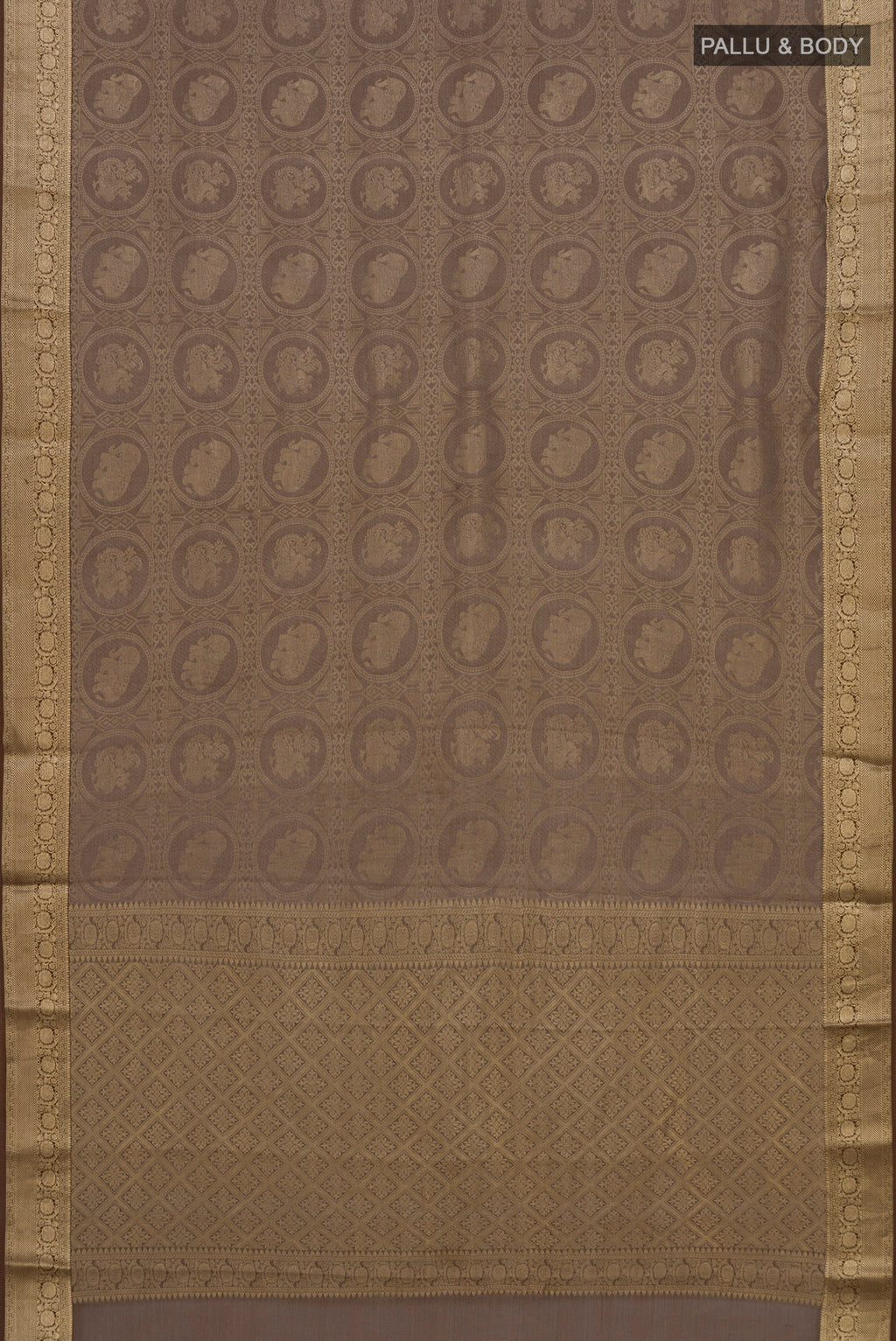 Flat view of Brown Mysore Crepe Saree with Zari Brocade on the body and Zari Border. 