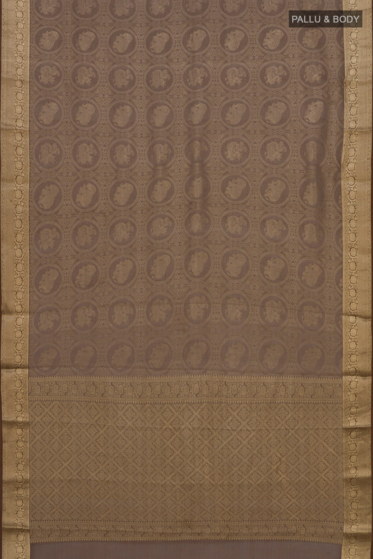 Flat view of Brown Mysore Crepe Saree with Zari Brocade on the body and Zari Border. 